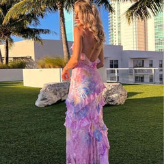 Spaghetti Straps Pink Sheath Long Prom Dress Ruffled Lace Dress 2463