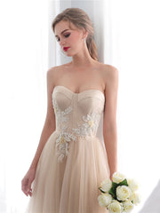 A line sweetheart neck tulle long prom dress champagne tulle formal dress
