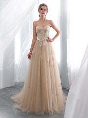 A line sweetheart neck tulle long prom dress champagne tulle formal dress