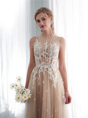 Champagne A line tulle lace long prom dress lace formal bridesmaid dress