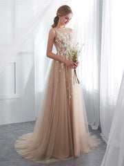 Champagne A line tulle lace long prom dress lace formal bridesmaid dress