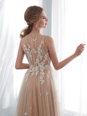 Champagne A line tulle lace long prom dress lace formal bridesmaid dress
