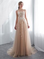 Champagne A line tulle lace long prom dress lace formal bridesmaid dress