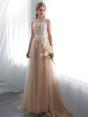 Champagne A line tulle lace long prom dress lace formal bridesmaid dress