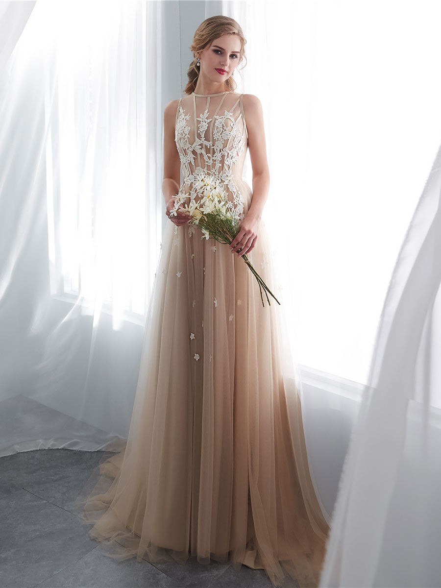 Champagne A line tulle lace long prom dress lace formal bridesmaid dress