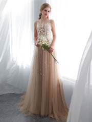 Champagne A line tulle lace long prom dress lace formal bridesmaid dress
