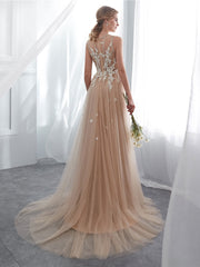 Champagne A line tulle lace long prom dress lace formal bridesmaid dress