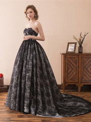 Black A line tulle lace long prom dress, black lace evening dress