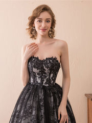 Black A line tulle lace long prom dress, black lace evening dress