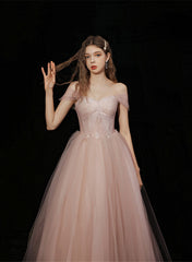 Pink Tulle Lace Beaded Off Shoulder Prom Dress, Pink A-line Party Dress