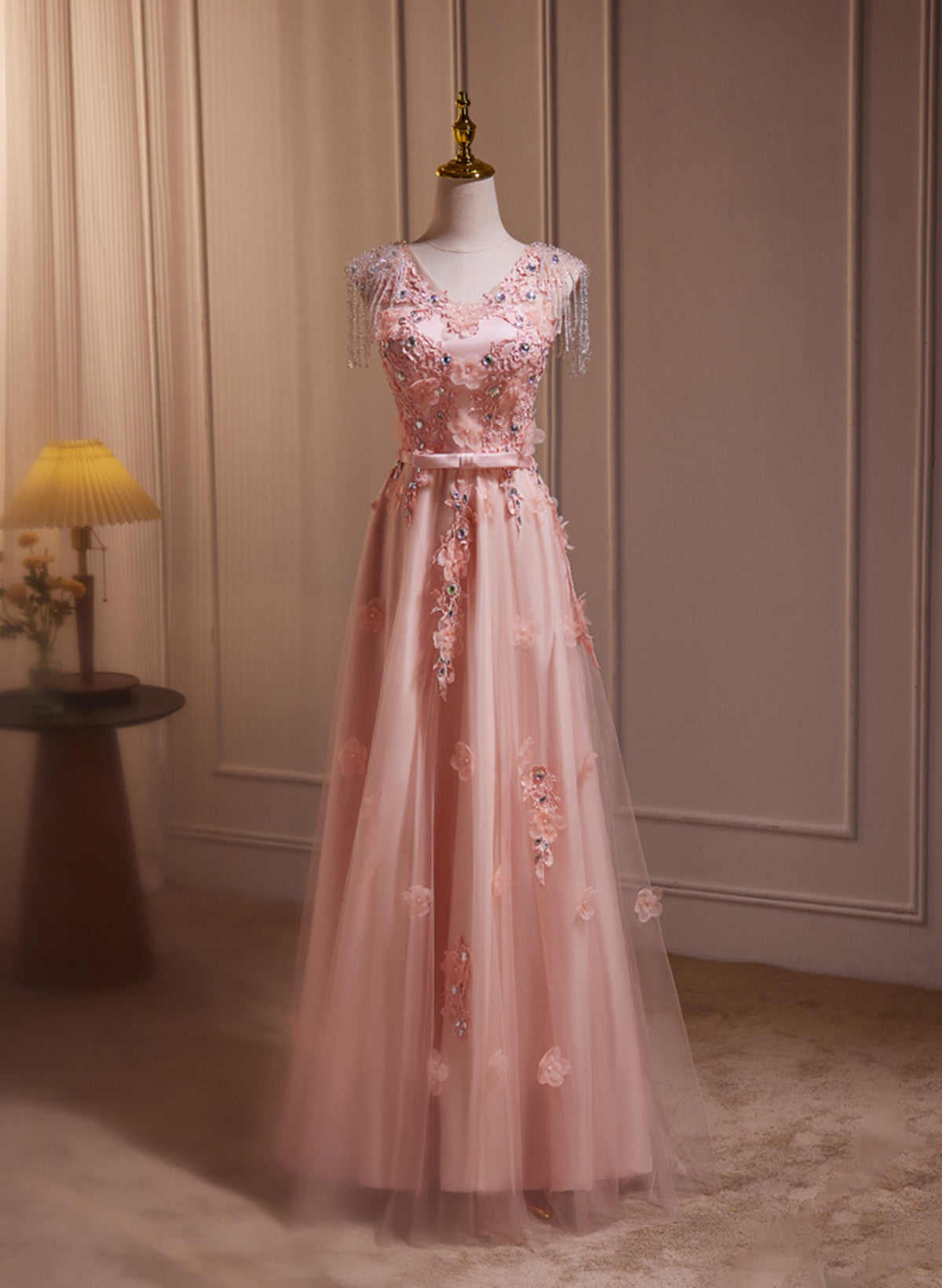 Pink V-neckline Tulle Beaded with Lace Applique Prom Dress, Pink Party Dress