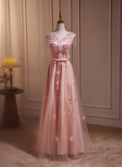 Pink V-neckline Tulle Beaded with Lace Applique Prom Dress, Pink Party Dress