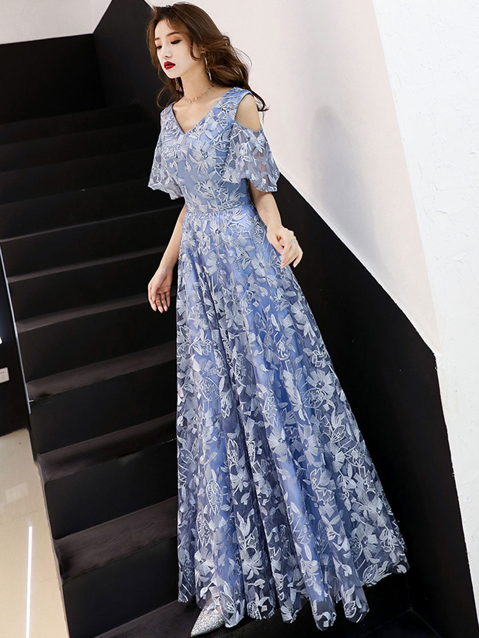 Blue Lace Long Prom Dresses, Blue Formal Party Dress