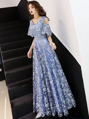 Blue Lace Long Prom Dresses, Blue Formal Party Dress