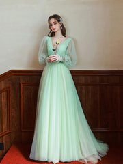 Green V Neck Tulle Green Long Prom Dresses, Green Long Formal Evening Dresses