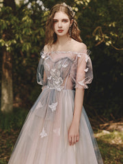Pink Tulle Gradient Short Sleeves Formal Dress Party Dresses, Pink Sweet 16 Gowns