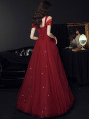 Wine Red Tulle Straps Sweetheart Long Party Dress, Wine Red A-line Prom Dress