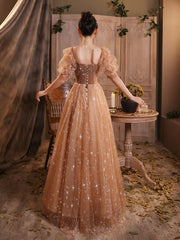 Cute Champagne Long Tulle Sweetheart Party Dress, A-line Long Prom Dress