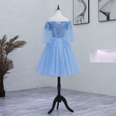 Lovely Light Blue with Lace Off Shoulder Short Prom Dress, Blue Homecoming Dresses