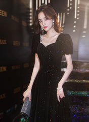 Black A-line Velvet Long Formal Dress, Black Sweetheart Long Prom Dress