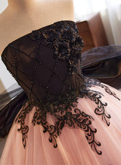 Pink Tulle Ball Gown with Lace and Beadings Party Dress, Pink Sweet 16 Dress