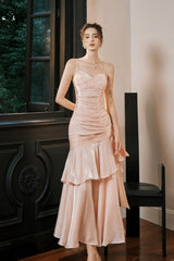 Pink Sweetheart Straps Mermaid Evening Dress, Pink Satin Long Prom Dress