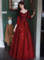 Wine Red Tulle with Lace A-line Beaded Long Party Dress, Wine Red Evening Dress
