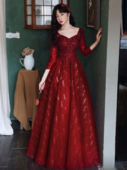 Wine Red Tulle with Lace A-line Beaded Long Party Dress, Wine Red Evening Dress