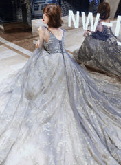 Grey V-neckline Tulle Beaded Waist Long Party Dress, A-line Grey Formal Dress