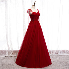 Wine Red Beaded Sweetheart Tulle Floor Length Party Dress, Wine Red Long Prom Dress