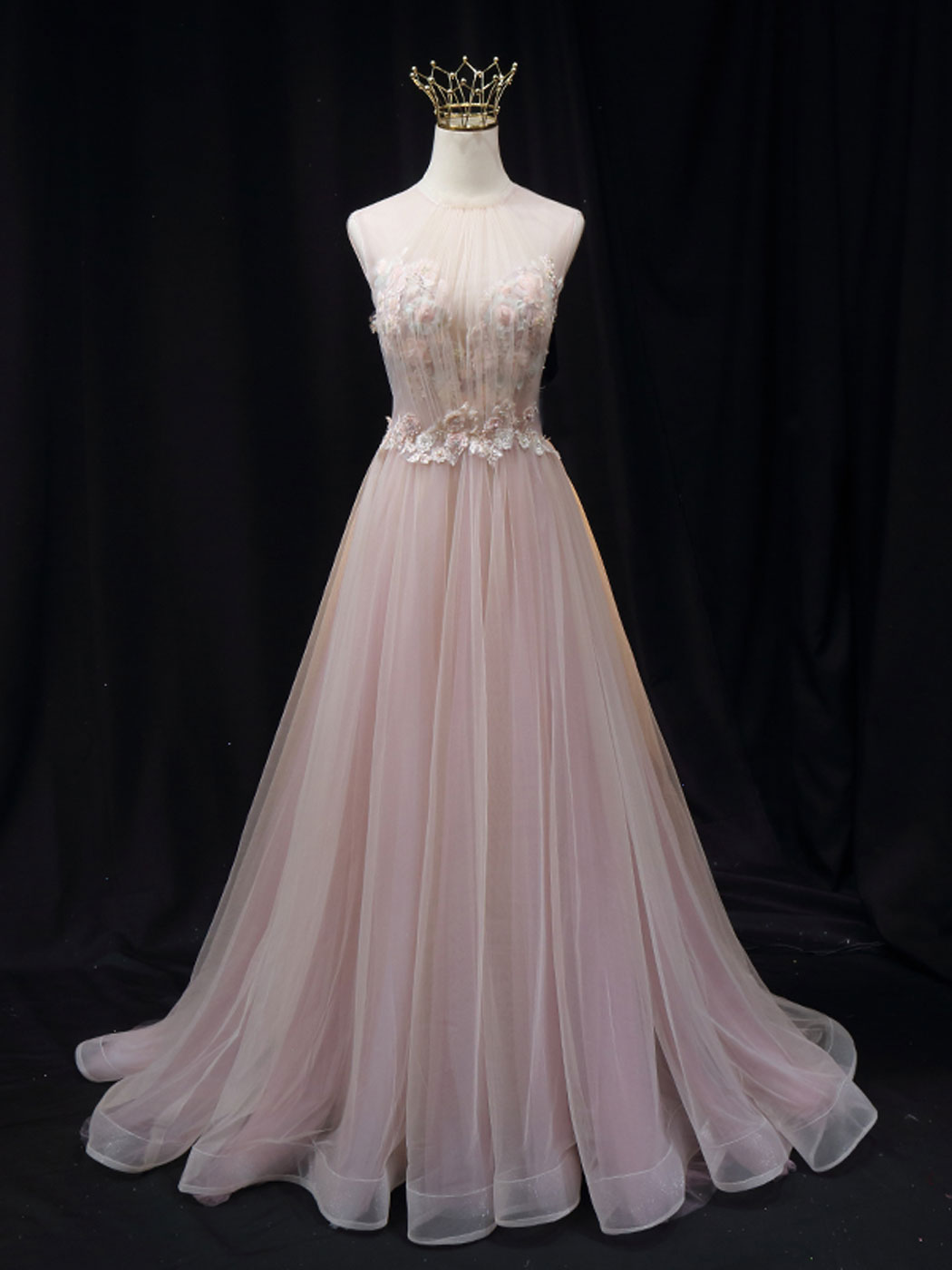 Pink A line tulle lace long prom dress pink tulle long evening dress