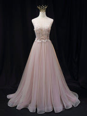Pink A line tulle lace long prom dress pink tulle long evening dress