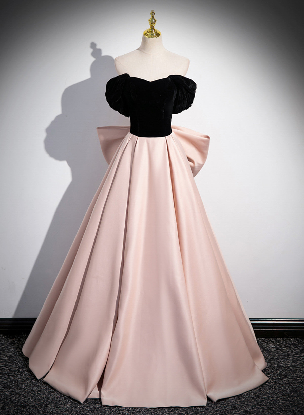 Pink and Black Off Shoulder Long Party Dress with Bow, Pink Long Evening Dress