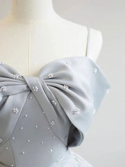 A-Line Satin Gray Long Prom Dresses, Gray Long Formal Dresses