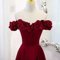 Wine Red Satin Off Shoulder Beaded Long Formal Dress, Wine Red A-line Prom Dress