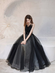 Black A-Line Tulle Long Prom Dress, Black Formal Evening Dresses