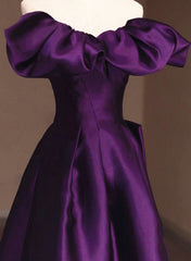 Dark Purple Satin Off Shoulder Long Prom Dress, Purple Satin Evening Dress