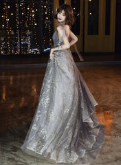 Grey V-neckline Tulle Beaded Waist Long Party Dress, A-line Grey Formal Dress