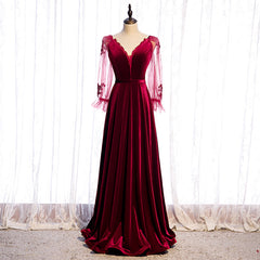 Wine Red Velvet Long Party Dress Prom Dress, A-line Long Sleeves Formal Dresses