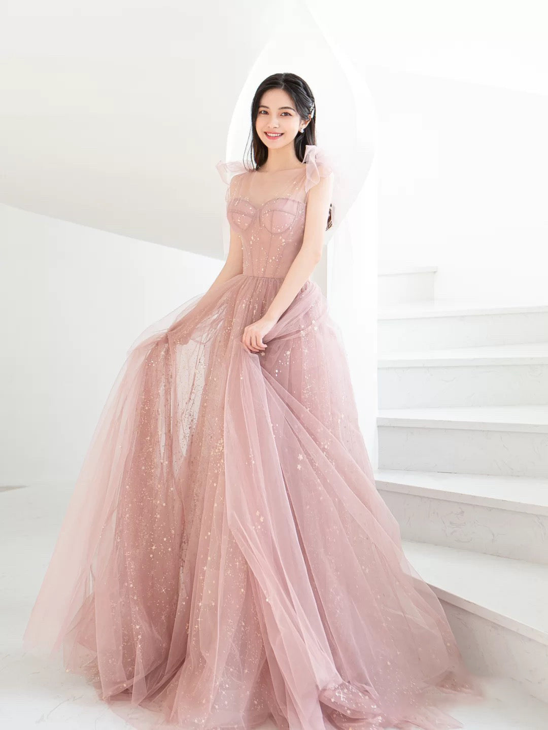 Bean pink tulle long prom dress, A line tulle formal evening dress