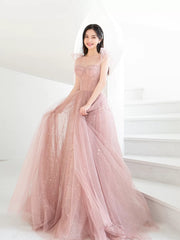 Bean pink tulle long prom dress, A line tulle formal evening dress