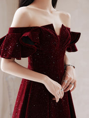 Wine Red Velvet Tea Length Party Dress Graduation Dress, Wine Red Prom Dress