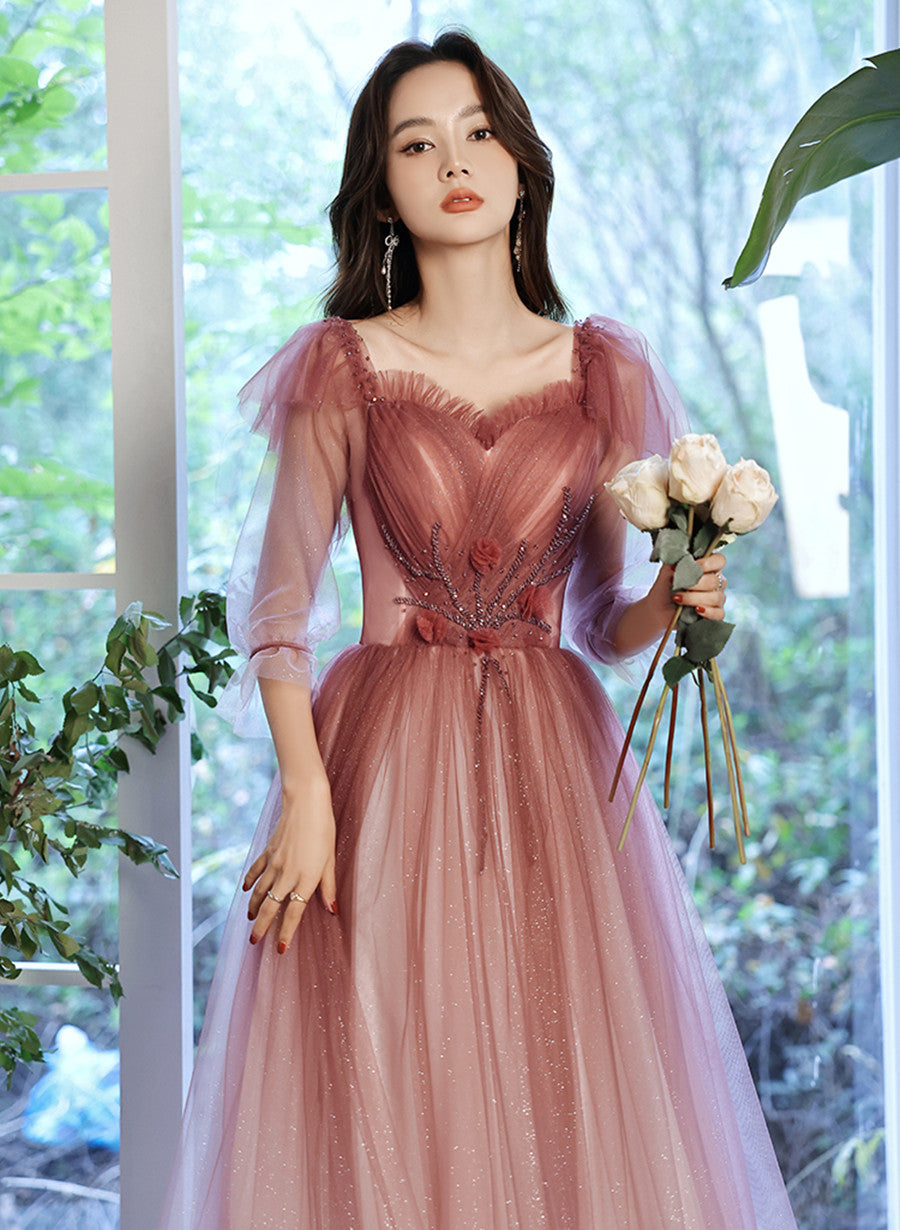 Pink Gradient Tulle A-line Puffy Sleeves Party Dress, Pink Long Prom Dress