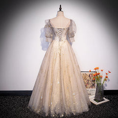 Light Champagne Short Sleeves Tulle Long Formal Dress, A-line Floor Length Party Dresses