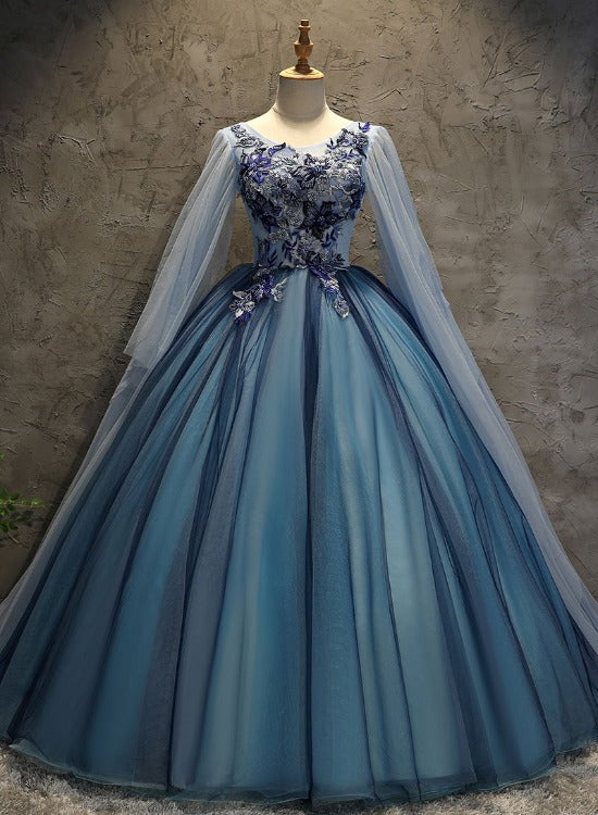 Blue Tulle Ball Gown Long Sweet 16 Dress with Lace Applique, Prom Dress