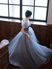 Gray A line tulle long prom dress gray tulle formal dress
