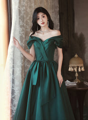 Green Satin Off Shoulder Long Party Dress, Green A-line Chic Prom Dress