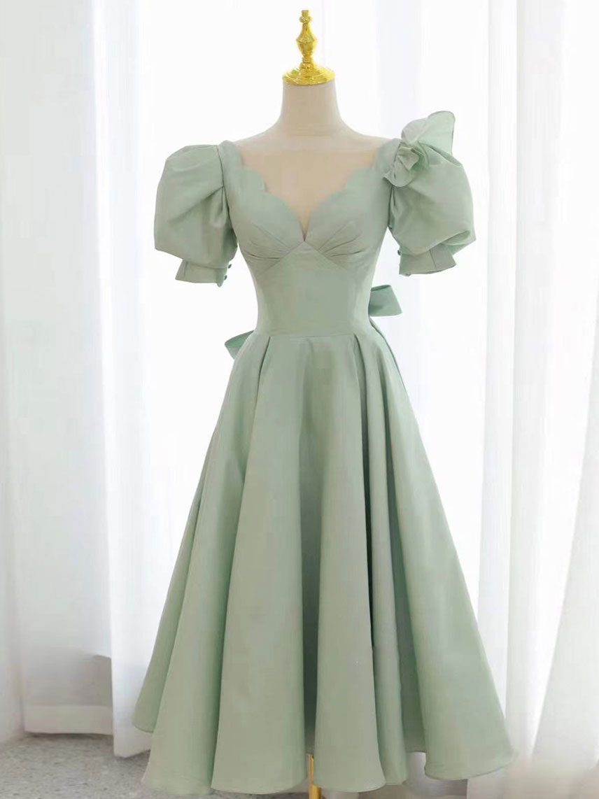 Simple green v neck satin short prom dress, green evening dress