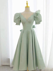 Simple green v neck satin short prom dress, green evening dress