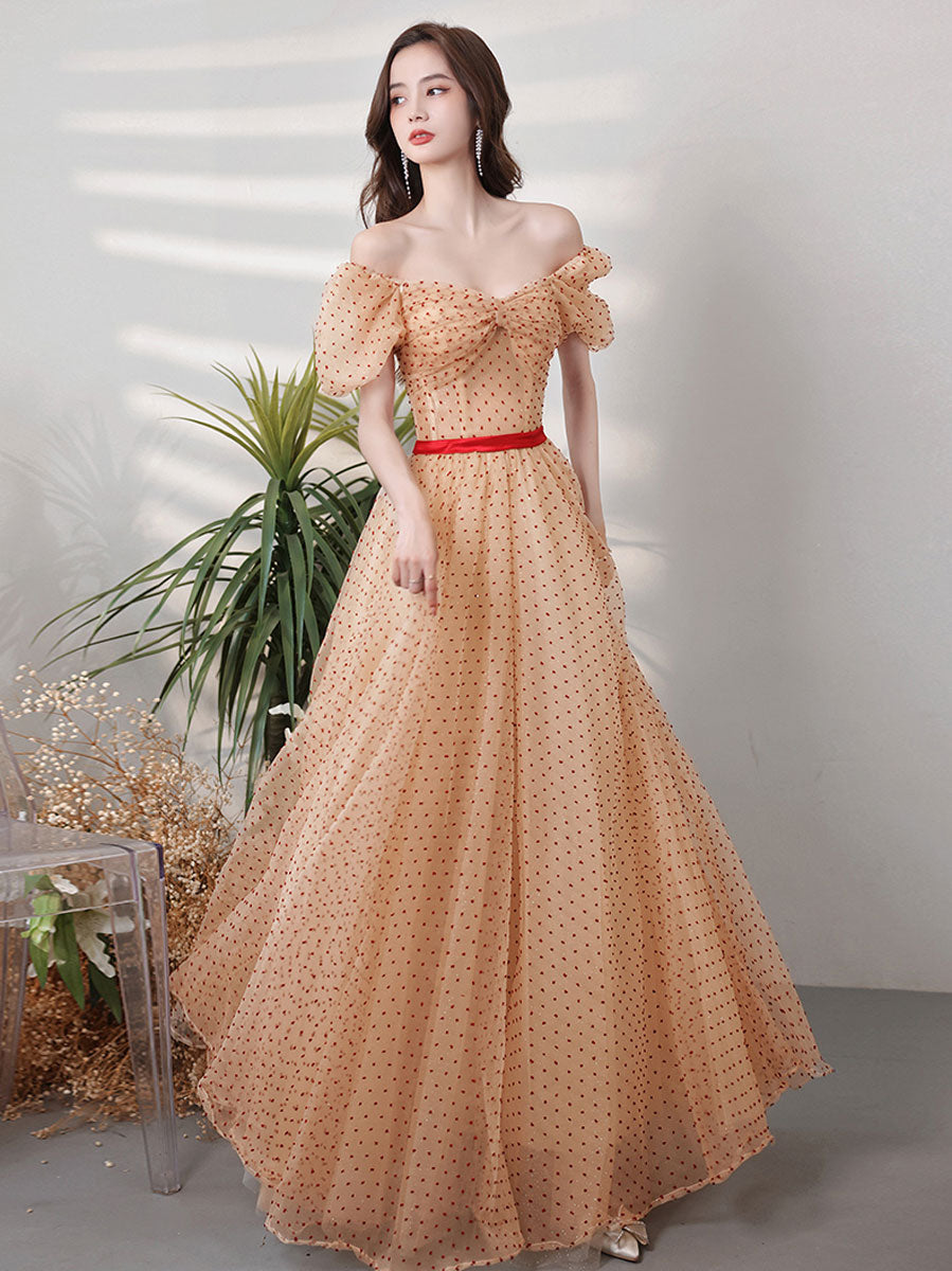 Champagne A line long prom dress sweetheart neck tulle formal evening dress